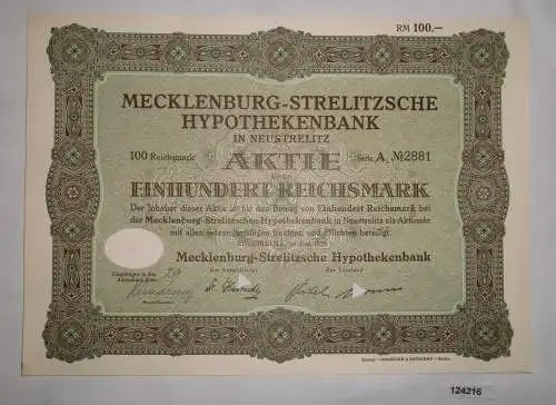 100 RM Aktie Mecklenburg-Strelitzsche Hypothekenbank Neustrelitz 1926 (124216)