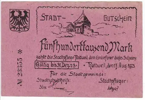500000 Mark Inflation Banknote Stadtgemeinde Rottweil 17.8.1923 (129471)
