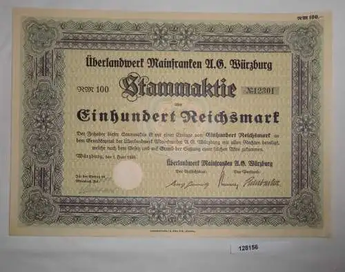 100 RM Aktie Überlandwerk Mainfranken AG Würzburg 1. Juni 1938 (128156)