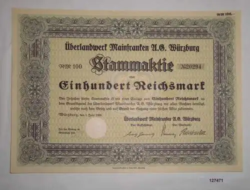 100 RM Aktie Überlandwerk Mainfranken AG Würzburg 1. Juni 1938 (127471)