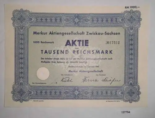 1000 RM Aktie Merkur AG Zwickau-Sachsen Oktober 1941 (127794)