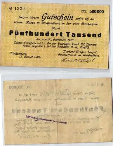500000 Mark Banknote Herbert Arthur Vogel Strumpffabrik Wechselburg 1923(123957)