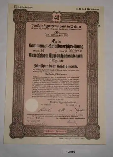 500 RM Schuldverschreibung Deutsche Hypothekenbank Weimar 30. Mai 1941 (128102)