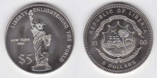 5 Dollar Nickel Münze Liberia 2000 Mauerfall, Freiheitsstatue New York (123991)