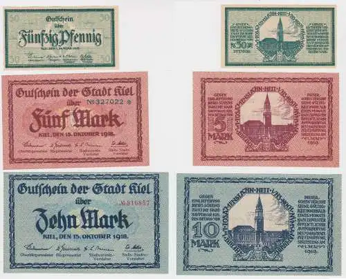 50 Pfennig, 5 & 10 Mark Banknoten Stadt Kiel 1918 (130277)