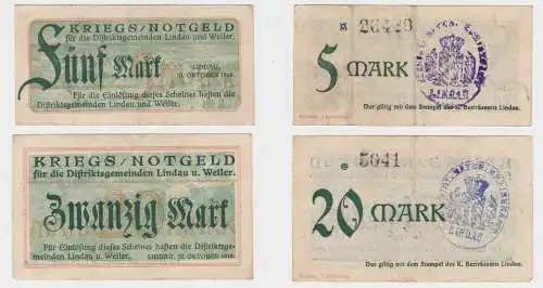 5 und 20 Mark Banknoten Distriktsgemeinde Lindau & Weiler 10.10.1918 (130365)