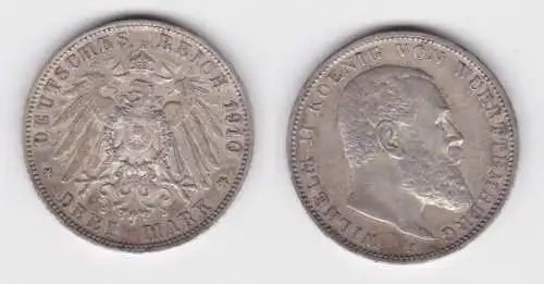 3 Mark Silbermünze Württemberg König Wilhelm II 1910 Jäger 175 (141925)