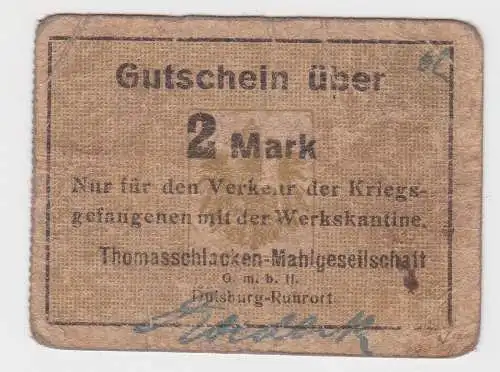 2 Mark Banknote Notgeld Duisburg Ruhrort Thomasschlacken Mahlgesell. (130205)