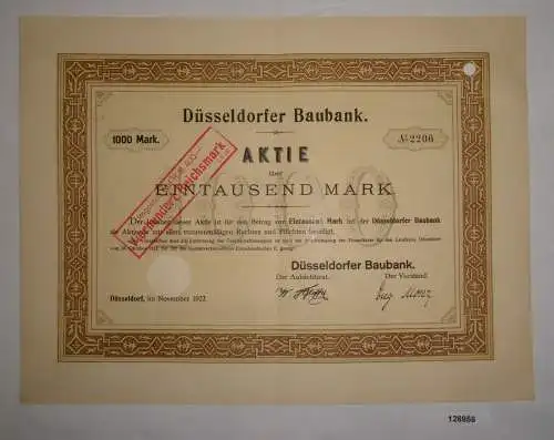 1000 Mark Aktie Düsseldorfer Baubank November 1922 (126956)