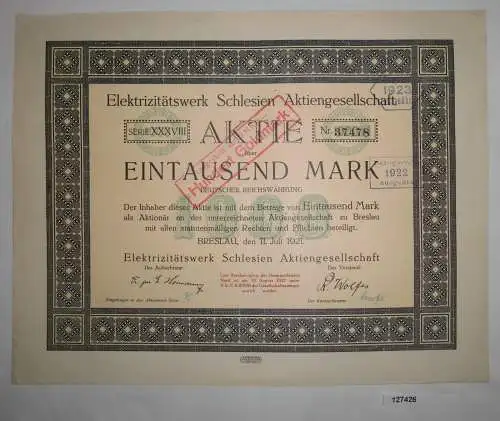 1000 Mark Aktie Elektrizitätswerk Schlesien AG Breslau 11. Juli 1921 (127426)