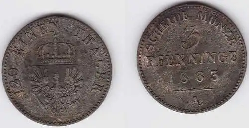 3 Pfennige Bronze Münze Preussen 1863 A f.ss (150738)