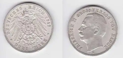 3 Mark Silbermünze Baden Großherzog Friedrich II 1912 Jäger 39 ss+ (150552)