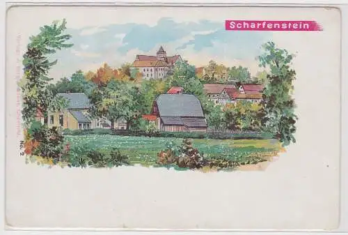 88812 AK Scharfenstein - Ortsansicht mit Burg und Fachwerkhäusern