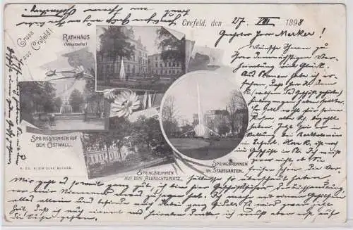 900987 AK Gruss aus Crefeld - Rathaus, Springbrunnen Ostwall, Stadtgarten 1898