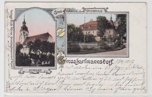 80191 Lithografie AK Gruss aus Grosshartmannsdorf - Kirche, Pfarrhaus 1907