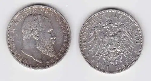 5 Mark Silbermünze Württemberg König Wilhelm II 1901 Jäger 176 ss+ (150565)