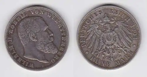5 Mark Silbermünze Württemberg König Wilhelm II 1903 Jäger 176 ss+ (150309)
