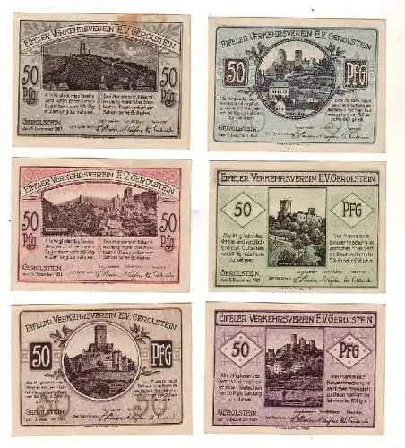 6 Banknoten 50 Pfennig Notgeld Gerolstein in der Eifel 1921 (113378)
