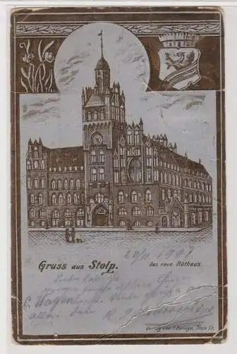 69627 Glanz Ak Gruß aus Stolp in Pommern das neue Rathaus 1901