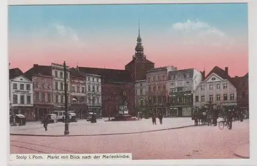 31563 Ak Stolp in Pommern Markt mit Blick nach der Marienkirche um 1910