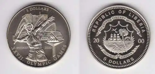 5 Dollar Nickel Münze Liberia 2000 Speerwerfer, Olympiade Sydney Stgl. (123051)