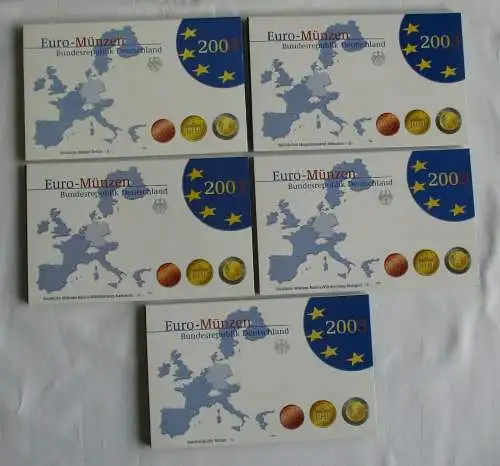 BRD Lot von 5 x KMS 2002 A,D,F,G,J mit 1 Cent bis 2 € Komplett PP (115550)