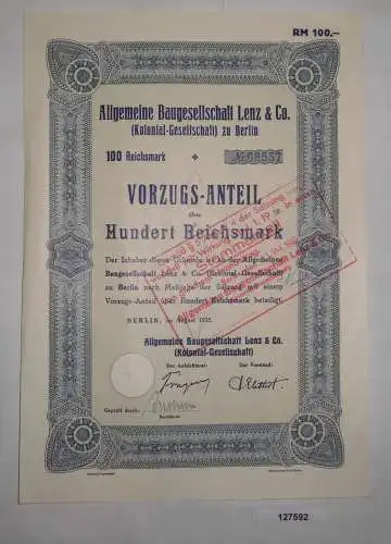 100 Mark Aktie Aktiengesellschaft für Baugesellschaft Lenz Berlin 1935 (127592)