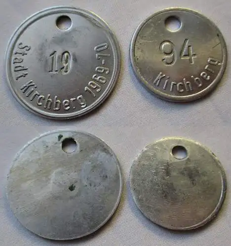 2 Aluminium Wertmarken Stadt Kirchberg um 1969-70 (122284)