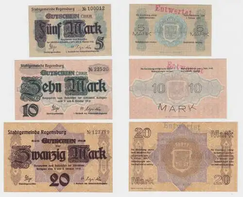 5,10 & 20 Mark Banknoten Notgeld Stadt Regensburg 4./8.10.1918 (135552)
