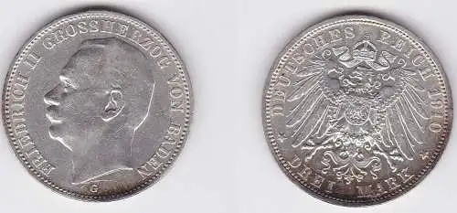 3 Mark Silbermünze Baden Großherzog Friedrich II 1910 Jäger 39  (122717)