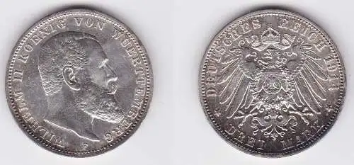 3 Mark Silbermünze Württemberg König Wilhelm II 1914 Jäger 175 (122699)