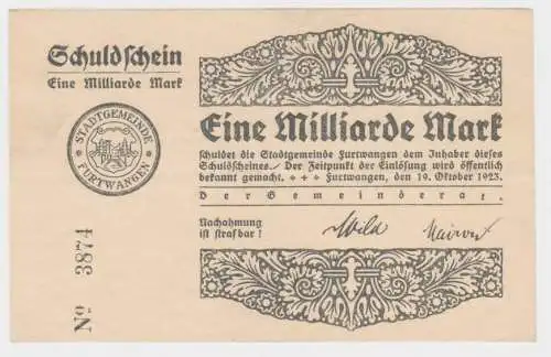 1 Milliarde Mark Banknote Gemeinderat Furtwangen 19.10.1923 (140231)