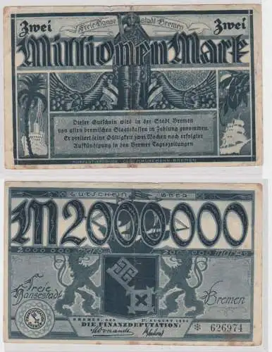 2 Millionen Mark Banknote Freie Hansestadt Bremen 17.08.1923 (137463)