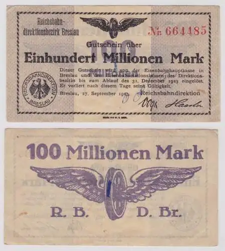 100 Millionen Mark Banknote Reichsbahndirektion Breslau 27.09.1923 (137648)