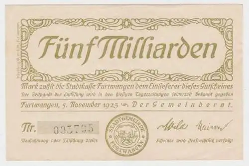 5 Milliarden Mark Banknote Gemeinderat Furtwangen 5.11.1923 (140273)