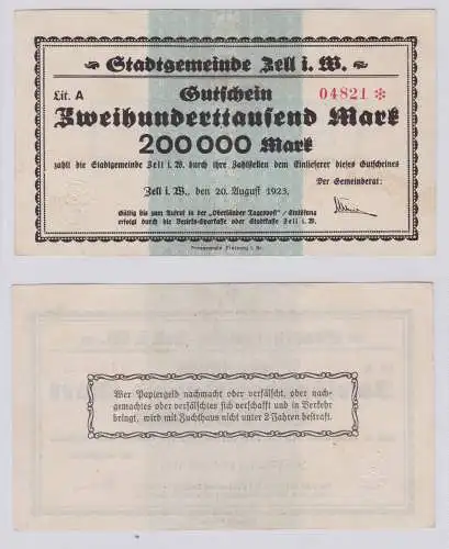 200000 Mark Überdruck Banknote Inflation Stadtgemeinde Zell i.W. 1923 (126111)