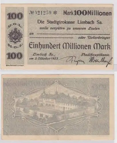 100 Millionen Mark Banknote Stadtgirokasse Limbach 5.10.1923 (121417)