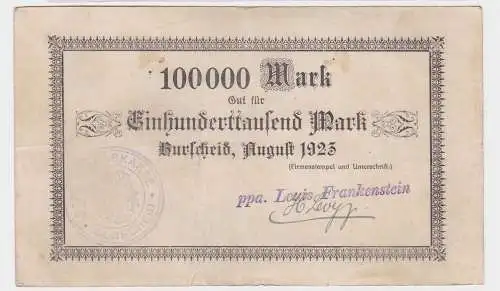 100000 Mark Banknote Burscheid Louis Frankenstein August 1923 (122303)