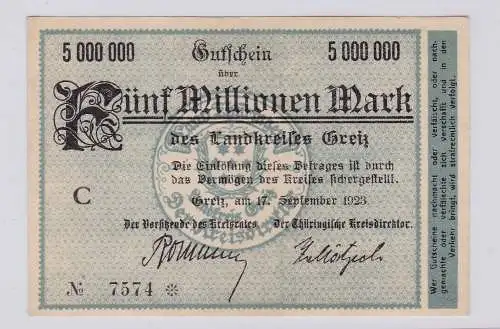 5 Millionen Mark Banknote Inflation Landkreis Greiz 17.9.1923 (126283)