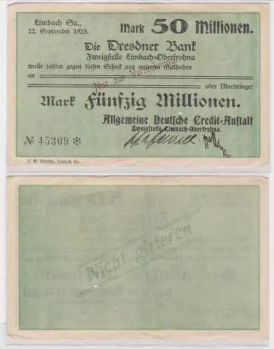 50 Millionen Mark Banknote Dresdner Bank Limbach 22.9.1923 (121679)