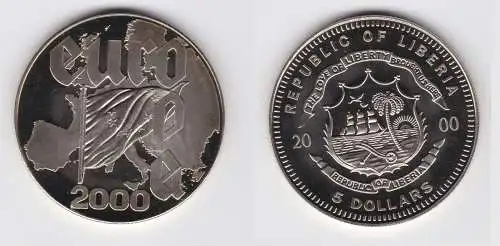 5 Dollar Nickel Münze Liberia 2000 Europa Fahne vor Landkarte (123409)