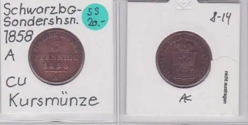 3 Pfennig Kupfer Münze Schwarzburg-Sondershausen 1858 A (121662)
