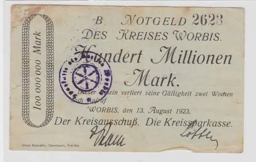100 Millionen Mark Banknote Inflation Kreis Worbis 13.8.1923 (131870)