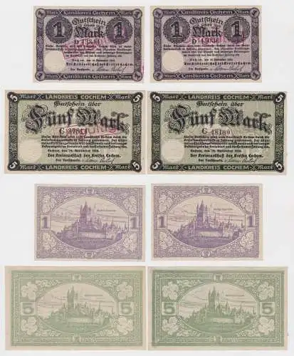 2x 1 & 2x 5 Mark Banknoten Notgeld Landkreis Cochem 19.11.1918 (136761)