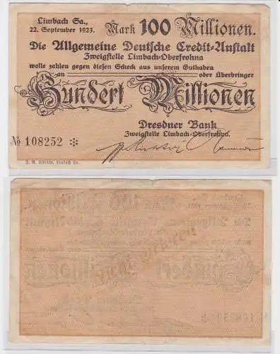 100 Millionen Mark Banknote allg. dt. Credit Anstalt Limbach 22.9.1923 (121611)