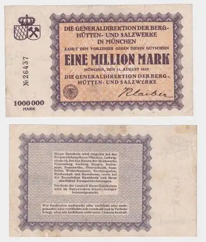 1 Million Mark Banknote Berg-, Hütten- & Salzwerke München 1923 (121209)