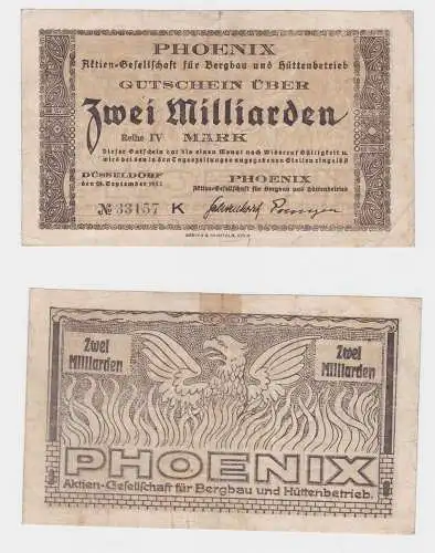 2 Milliarden Mark Banknote Düsseldorf Phoenix AG für Bergbau 1923 (121362)