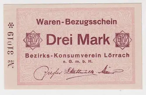3 Mark Banknote Waren Bezugsschein Bezirks Konsumverein Lörrach  (102951)