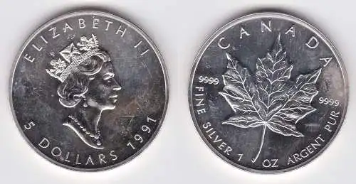 5 Dollar Silber Münze Canada Kanada Maple Leaf 1991 (125770)