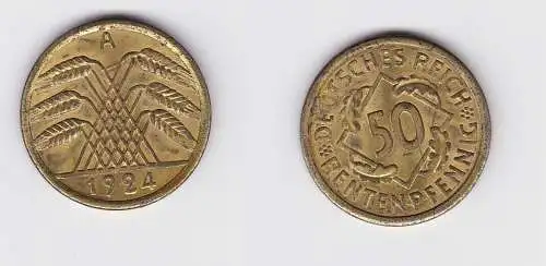 50 Rentenpfennig Messing Münze Weimarer Republik 1924 A Jäger 310 vz + (123349)